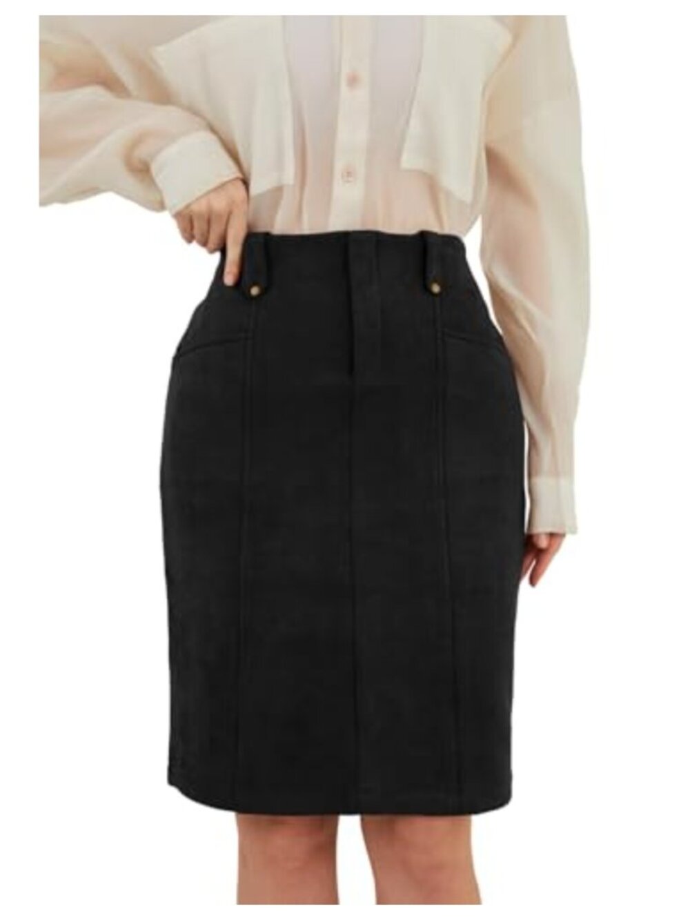Faux Suede Knee Length Bodycon Skirt with Pockets Back Slit High Waist Work